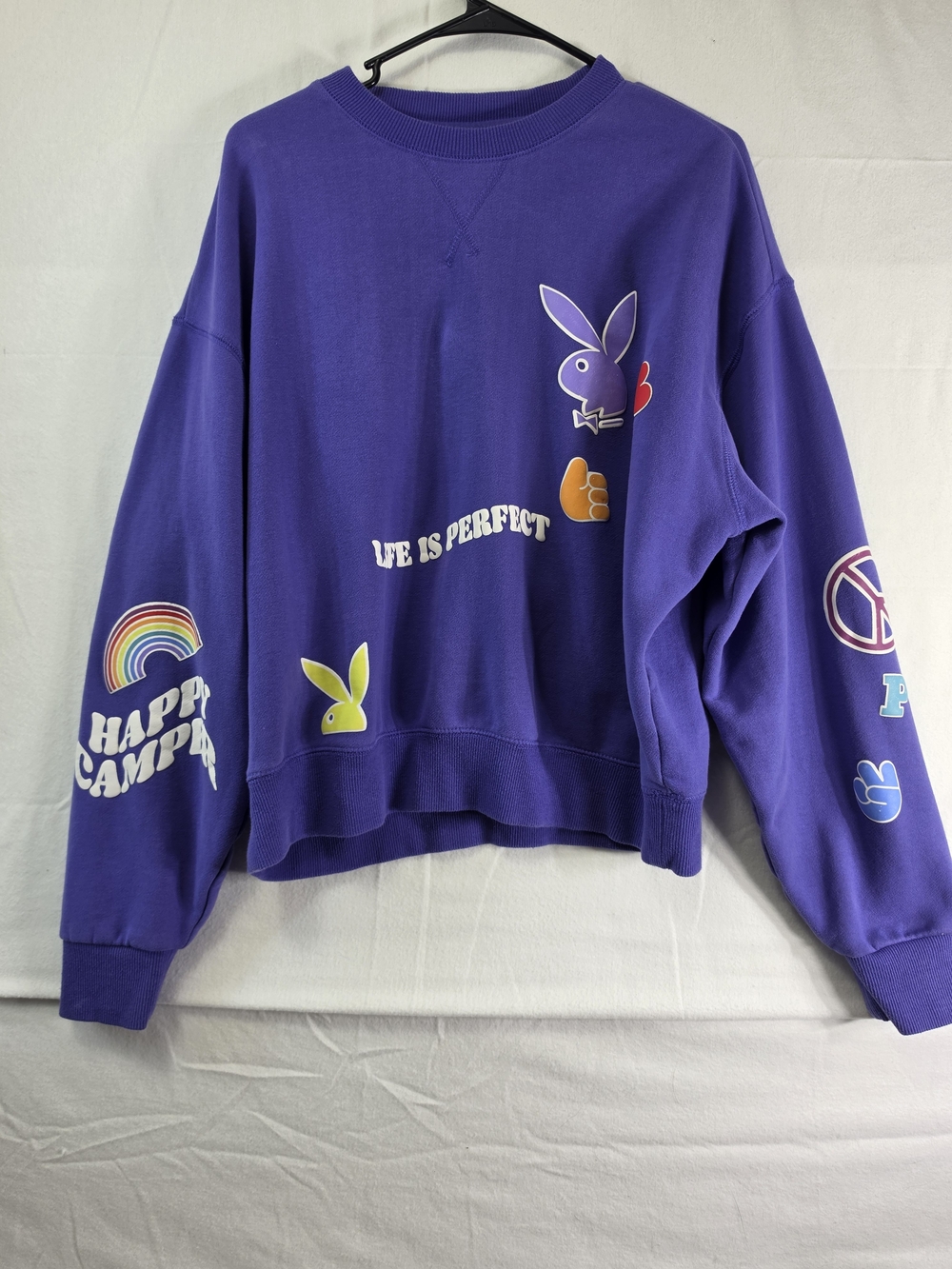 Playboy by PacSun Happy Camper Sweatshirt Small Purple Rainbow Bunny
